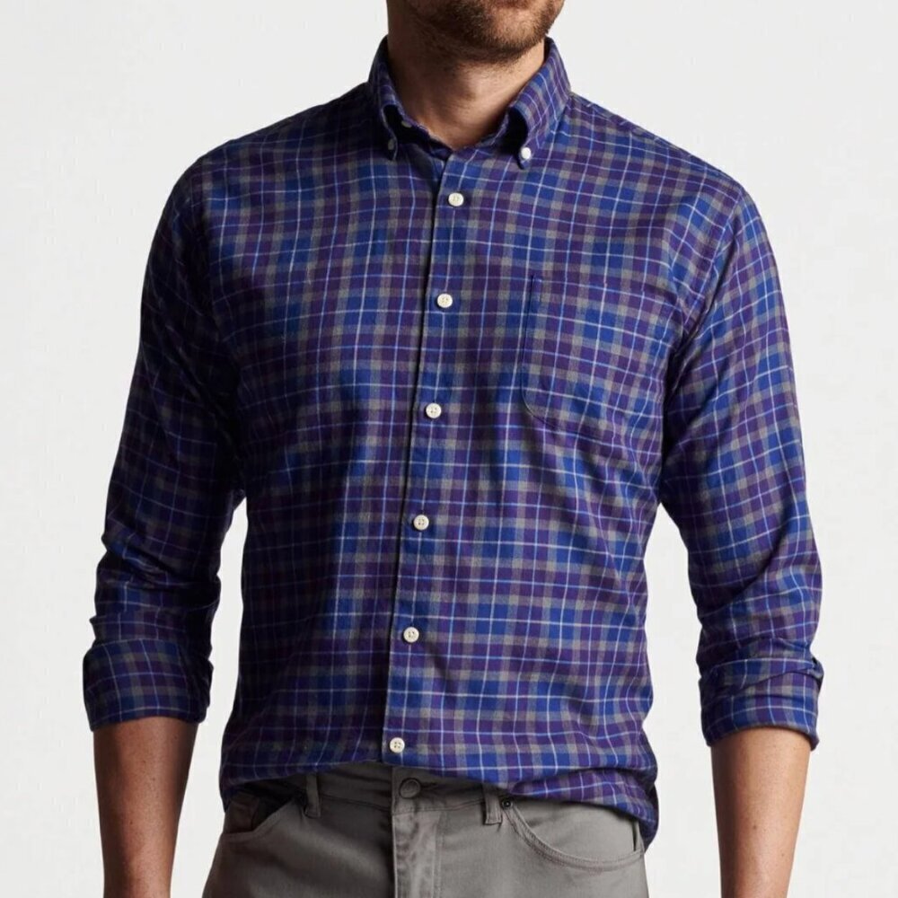 Peter Millar Button Down Ledson Autumn Soft Cotton Sport Shirt Check Blue Purple